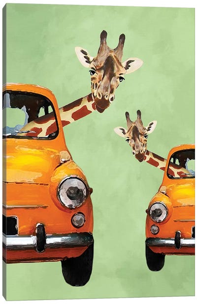 Giraffes In Yellow Cars Canvas Art Print - Giraffe Art