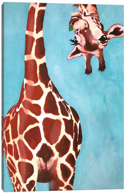 Giraffes With Green Leaf Canvas Art Print - Giraffe Art
