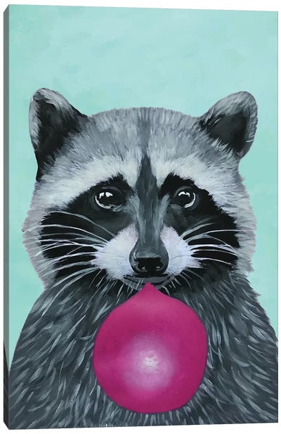 Bubblegum Raccoon, Turquoise Canvas Art Print - Raccoon Art
