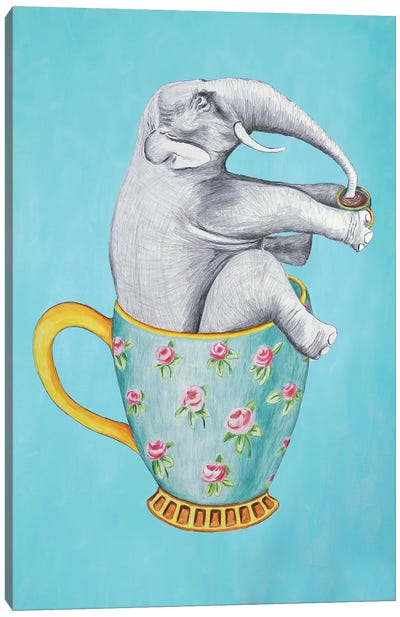 Elephant In Cup, Blue Canvas Art Print - Kitchen Equipment & Utensil Art
