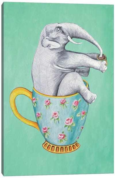 Elephant In Cup, Turquoise Canvas Art Print - Kitchen Equipment & Utensil Art