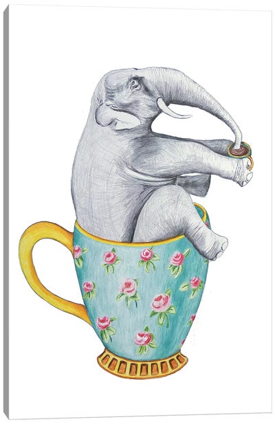 Elephant In Cup, White Canvas Art Print - Kitchen Equipment & Utensil Art
