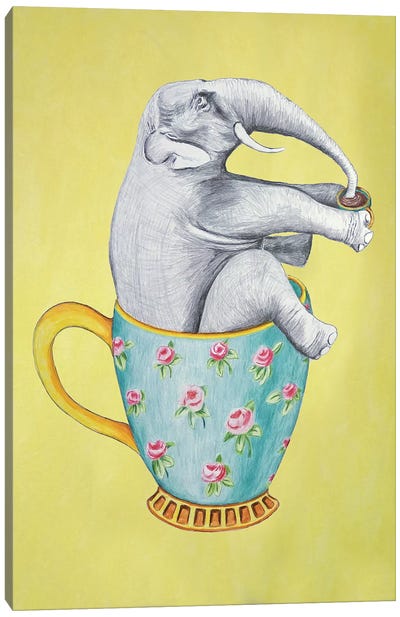 Elephant In Cup, Yellow Canvas Art Print - Kitchen Equipment & Utensil Art