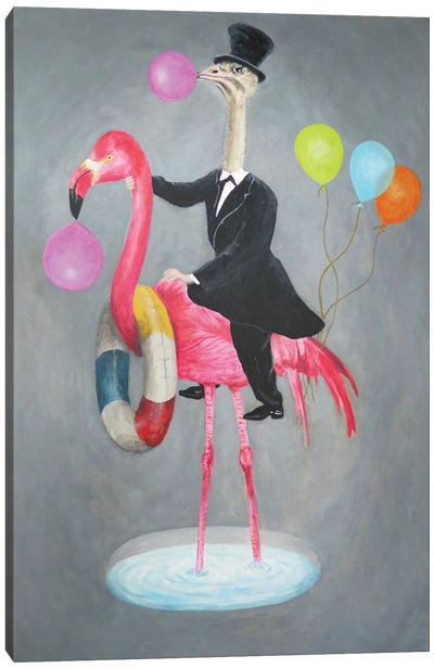 Flamingo With Ostrich Canvas Art Print - Ostrich Art