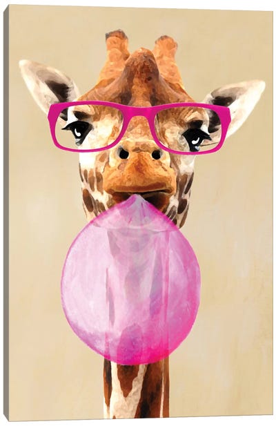 Clever Giraffe With Bubblegum Canvas Art Print - Best Selling Kids Art