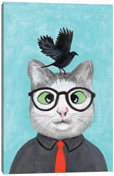Cat With Crow Canvas Art Print - Crow Art