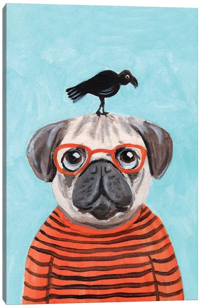 Pug With Crow Canvas Art Print - Crow Art