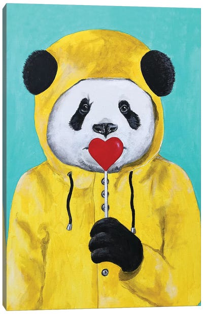 Panda With Lollipop Canvas Art Print - Pantone 2021 Ultimate Gray & Illuminating