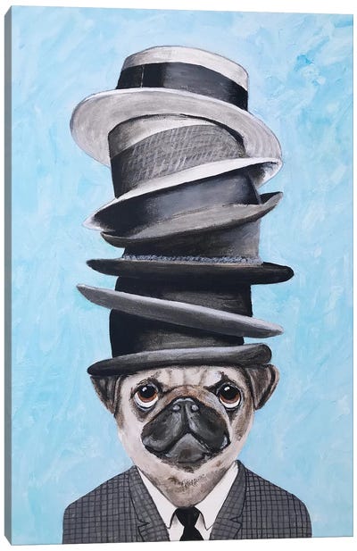 Pug With Stacking Hats Canvas Art Print - Pug Art