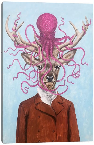 Deer With Octopus Canvas Art Print - Octopus Art