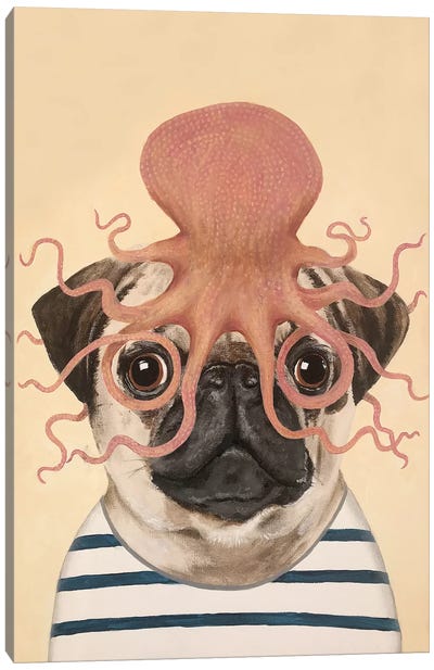 Pug With Octopus Canvas Art Print - Pug Art