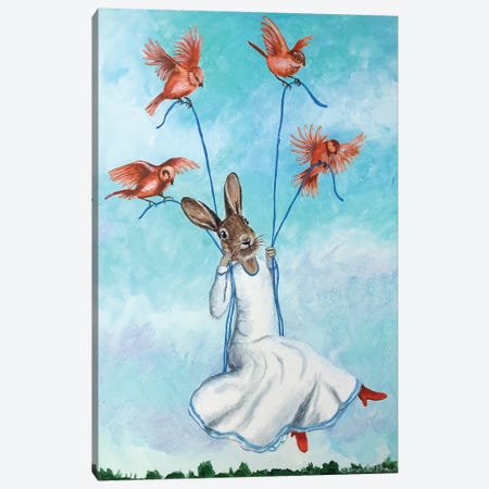 Rabbit On Swing With Birds Canvas Print #COC316} by Coco de Paris Canvas Art Print