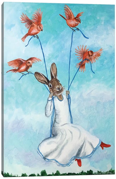 Rabbit On Swing With Birds Canvas Art Print - Coco de Paris