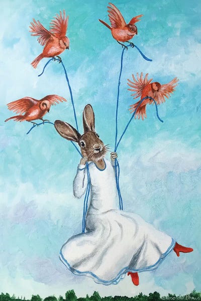 Rabbit On Swing With Birds