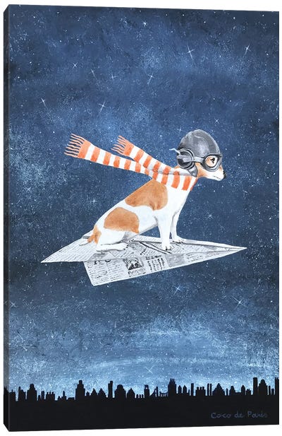 Jack Russell On A Paper Plane Canvas Art Print - Adventure Art