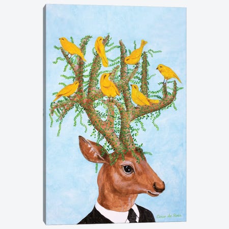 Deer With Yellow Birds Canvas Print #COC328} by Coco de Paris Canvas Art Print