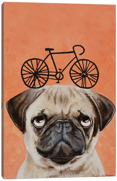 Pug With Bicycle Canvas Art Print - Pug Art