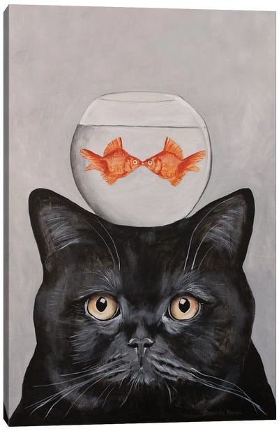 Cat With Fishbowl Canvas Art Print - Goldfish Art