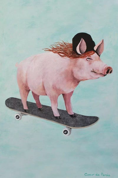 Kids Sports Art: Pig Skateboarding by Coco de Paris