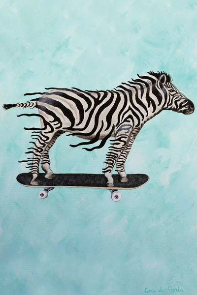Kids Sports Art: Zebra Skateboarding by Coco de Paris