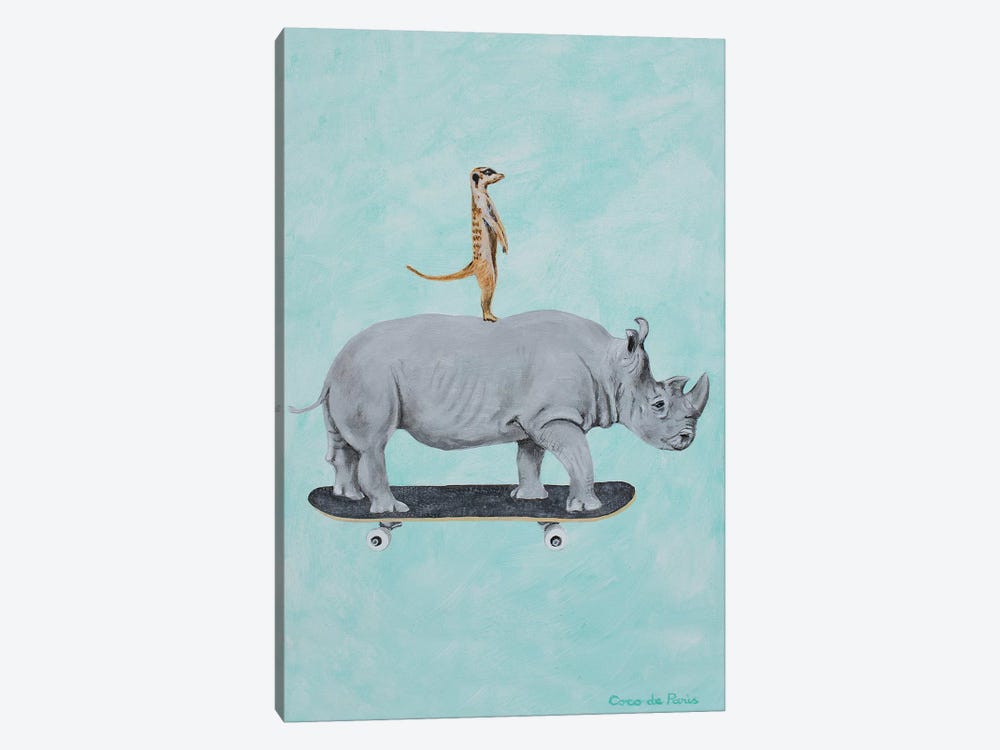Rhinoceros And Meerkat Skateboarding by Coco de Paris 1-piece Canvas Print
