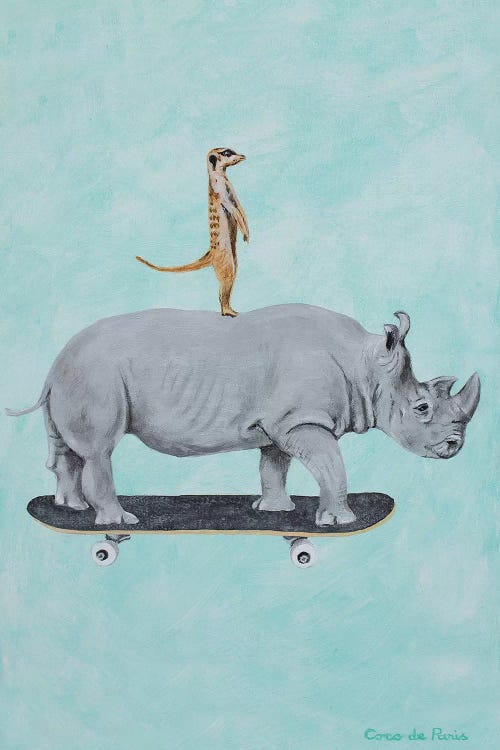 Rhinoceros And Meerkat Skateboarding by Coco de Paris wall art