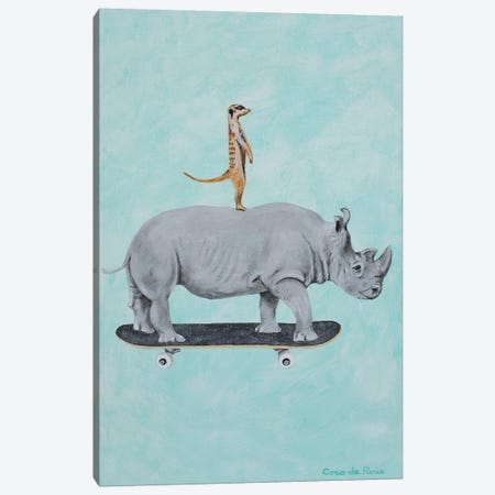 Rhinoceros And Meerkat Skateboarding Canvas Print #COC348} by Coco de Paris Art Print