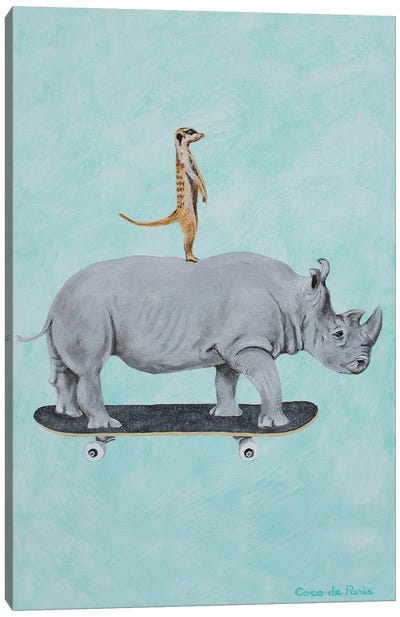 Rhinoceros And Meerkat Skateboarding Canvas Art Print - Art for Boys