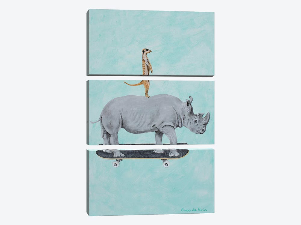 Rhinoceros And Meerkat Skateboarding by Coco de Paris 3-piece Art Print