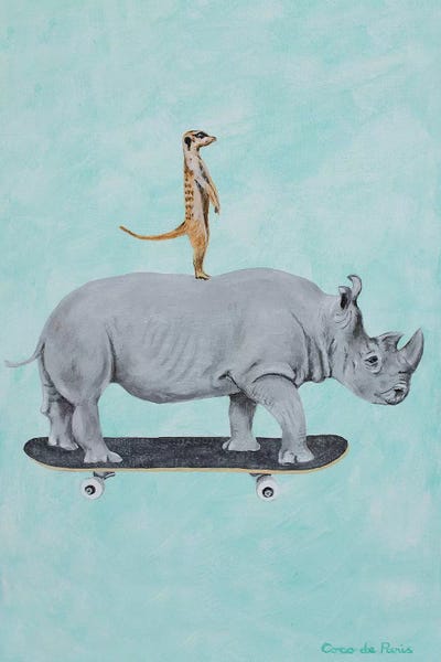 Kids Sports Art: Rhinoceros And Meerkat Skateboarding by Coco de Paris