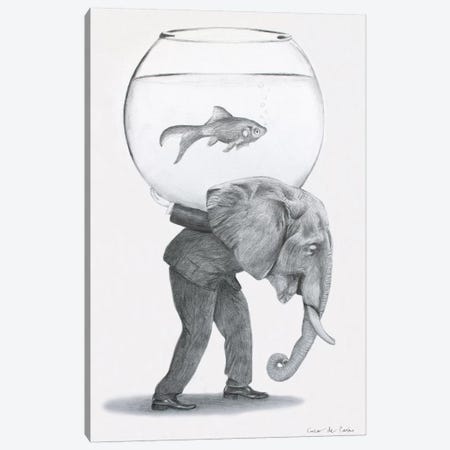 Elephant With Fishbowl Canvas Print #COC351} by Coco de Paris Canvas Wall Art