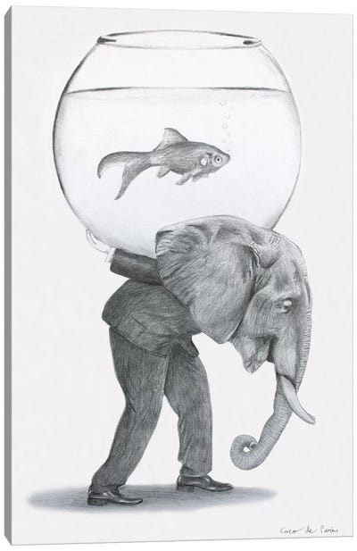 Elephant With Fishbowl Canvas Art Print - Coco de Paris
