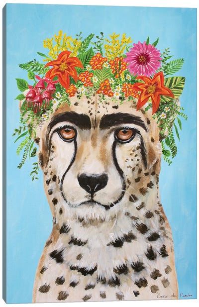 Frida Kahlo Cheetah Blue Canvas Art Print - Cheetah Art