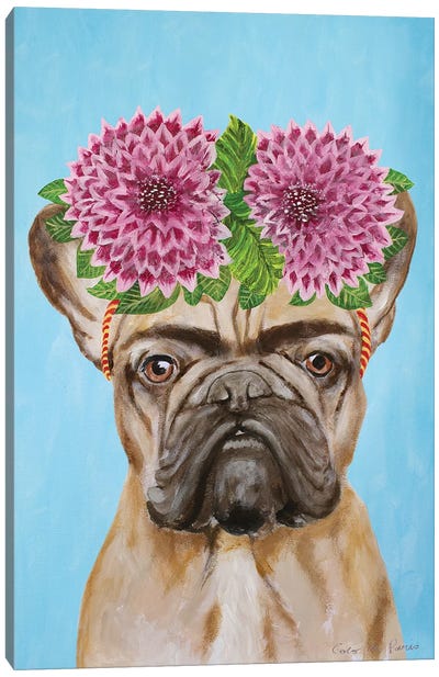 Frida Kahlo Frenchie Blue Canvas Art Print - French Bulldog Art