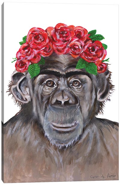 Frida Kahlo Chimpanzee White Canvas Art Print - Chimpanzee Art