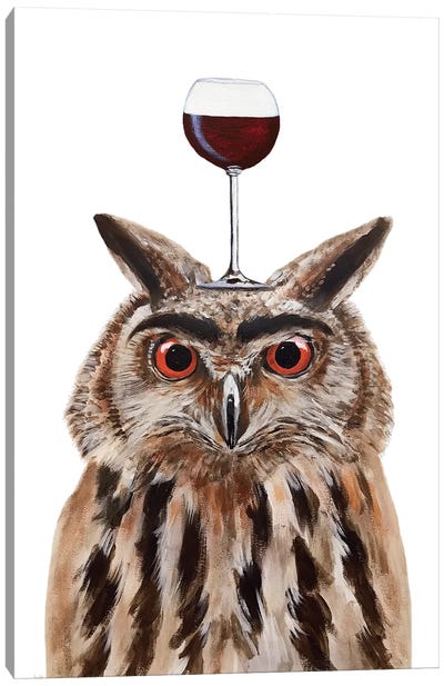 Owl With Wineglass Canvas Art Print - Winery/Tavern