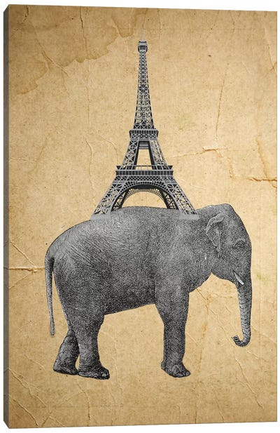 Elephant With Eiffel Tower Canvas Art Print - Elephant Art