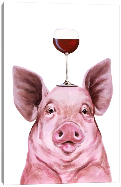 Pig With Wineglass Canvas Art Print - Pig Art