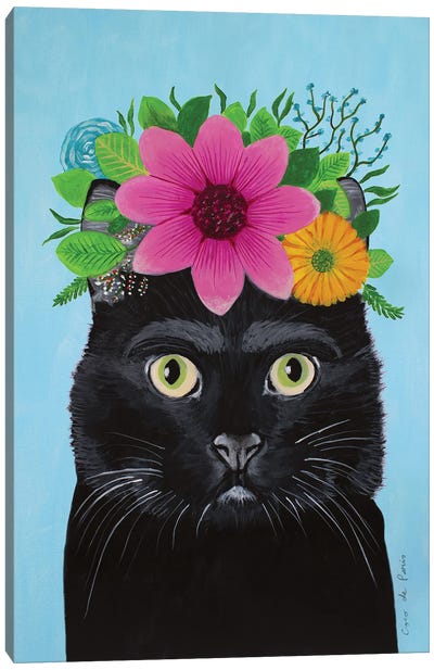 Frida Kahlo Black Cat - Blue Canvas Art Print - Black Cat Art