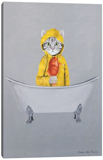 Cat With Goldfish In Bathtub Canvas Art Print - Goldfish Art