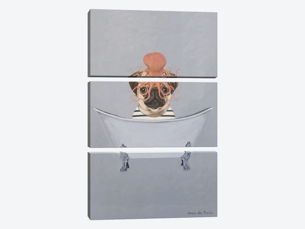 Pug With Octopus In Bathtub by Coco de Paris 3-piece Canvas Art Print
