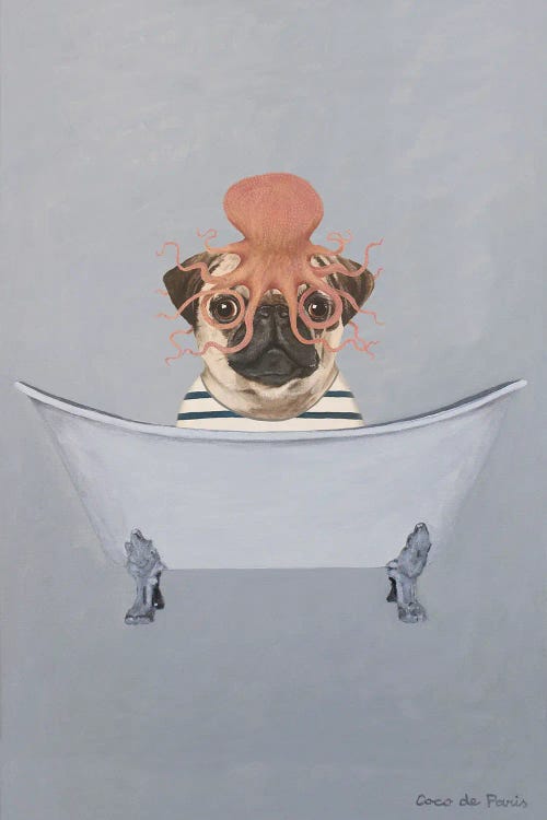 Pug With Octopus In Bathtub