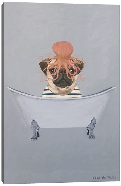 Pug With Octopus In Bathtub Canvas Art Print - Octopus Art