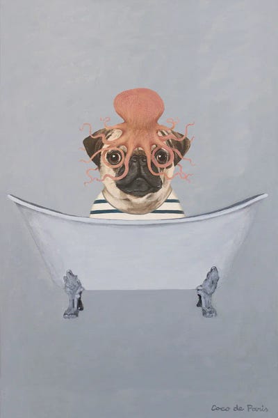 Pug With Octopus In Bathtub