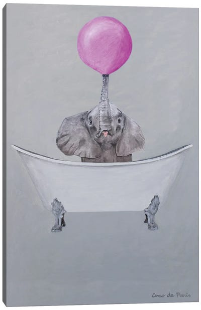 Elephant With Bubblegum In Bathtub Canvas Art Print - Bubble Gum