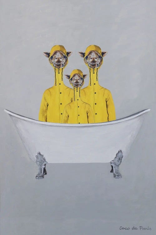 Giraffes In Raincoats In Bathtub