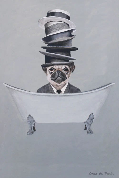 Pug With Stacked Hats In Bathtub