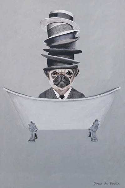 Coco de Paris: Pug With Stacked Hats In Bathtub by Coco de Paris