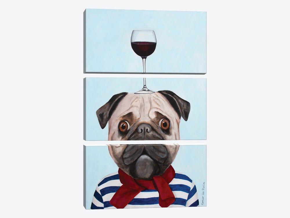 Pug With Wineglass by Coco de Paris 3-piece Canvas Art Print