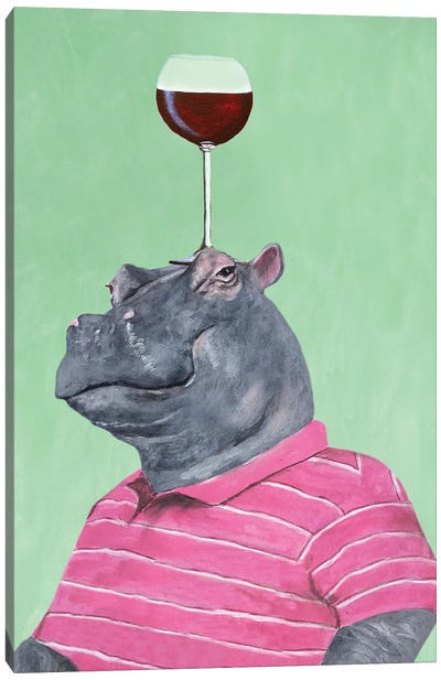 Hippo With Wineglass Canvas Art Print - Hippopotamus Art